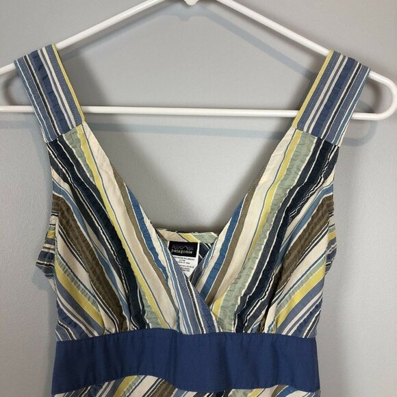 Patagonia Netty Dress Blue Stripe V Neck Northern Light Pattern Tie Back Size 2 - Picture 3 of 7